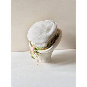Vintage White Basketweave Green Pink Satin Twill Tie Bucket Hat